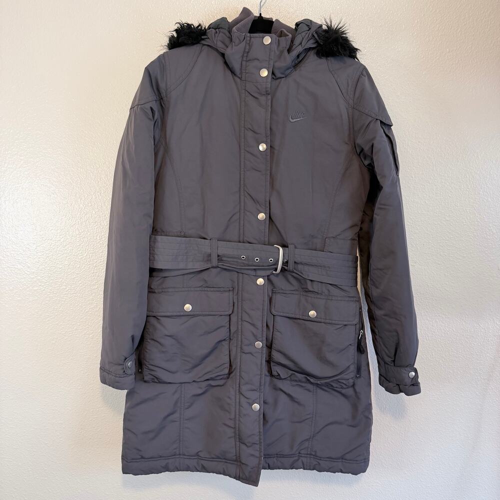 Nike Mid-Length Fur Trim Belted Parka Coat Gray Size M
